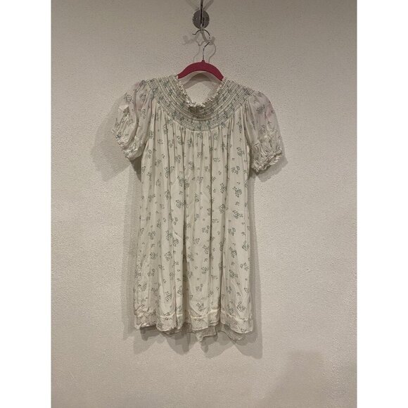 Hatch Leona Dress Womens Small Cream Green Floral Puff Sleeve Smocked Babydoll - Picture 3 of 6